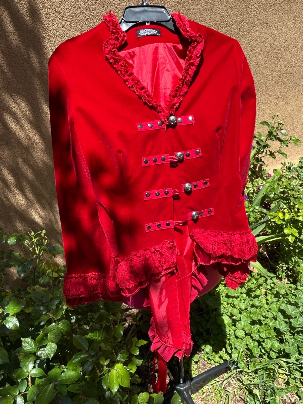 Women's Red Ruffled Velvet Blazer with Decorative Buttons